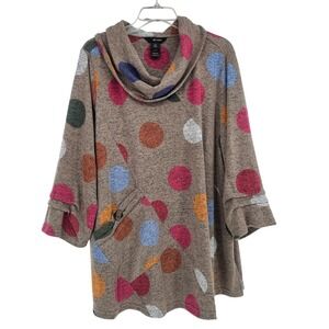 Ali Miles Cowl Neck Swing Tunic Top XL Tan Multi Dots Artsy Boho Lagenlook